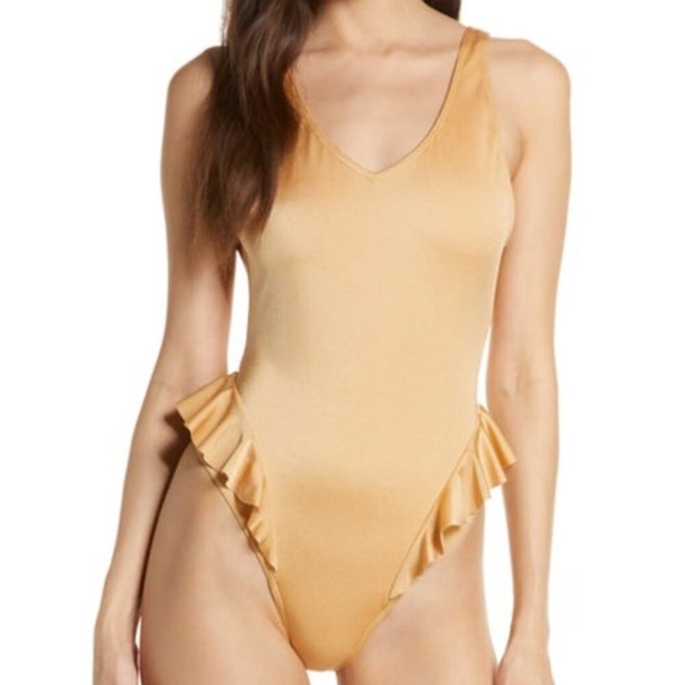 NEW Something Navy Beige Crystal Metallic Frill One-Piece Open Back Swimsuit